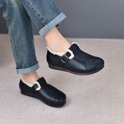 Women Buckle Fleece Lining Genuine Leather Flats