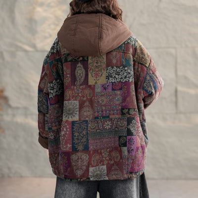 Women Trendy Vintage Printed Warm Padded Hooded Coats