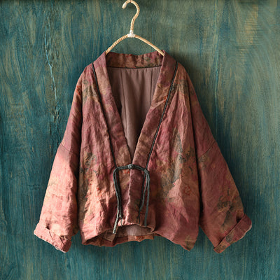 Retro Distressed Washed Printed Cotton Linen Short Down Coat