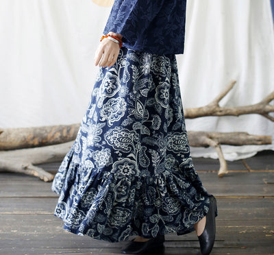 Vintage Ruffled Printed A- Line Maxi Skirt