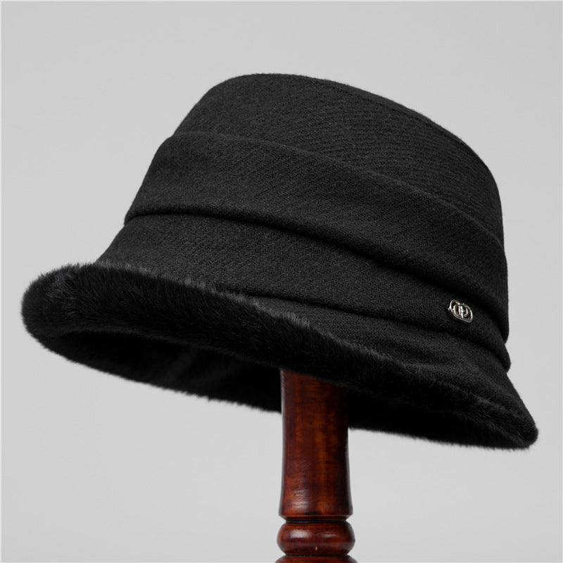 Autumn Winter Vintage Wool-Blend Bucket Hat with Fur Trim