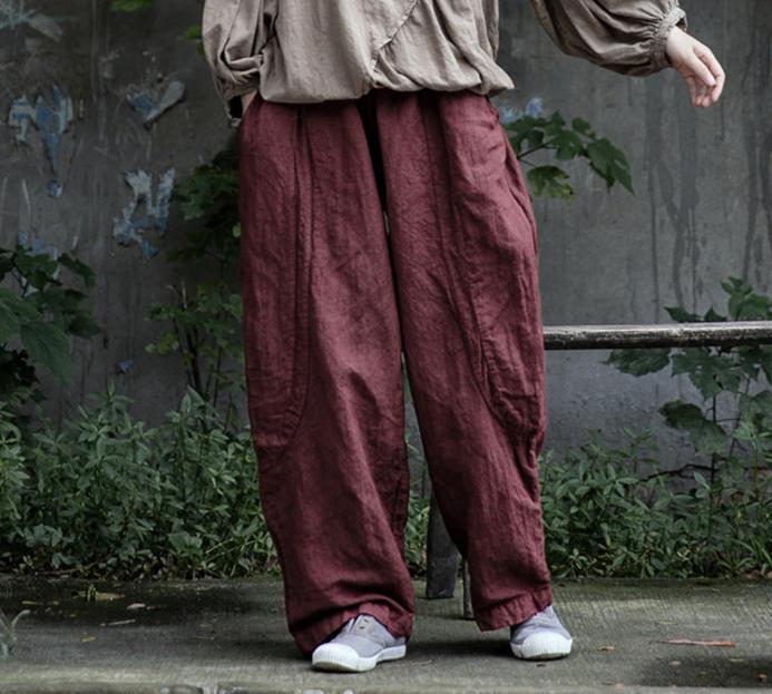 Red Elastic Waist Straight- Leg Linen Pants for Women