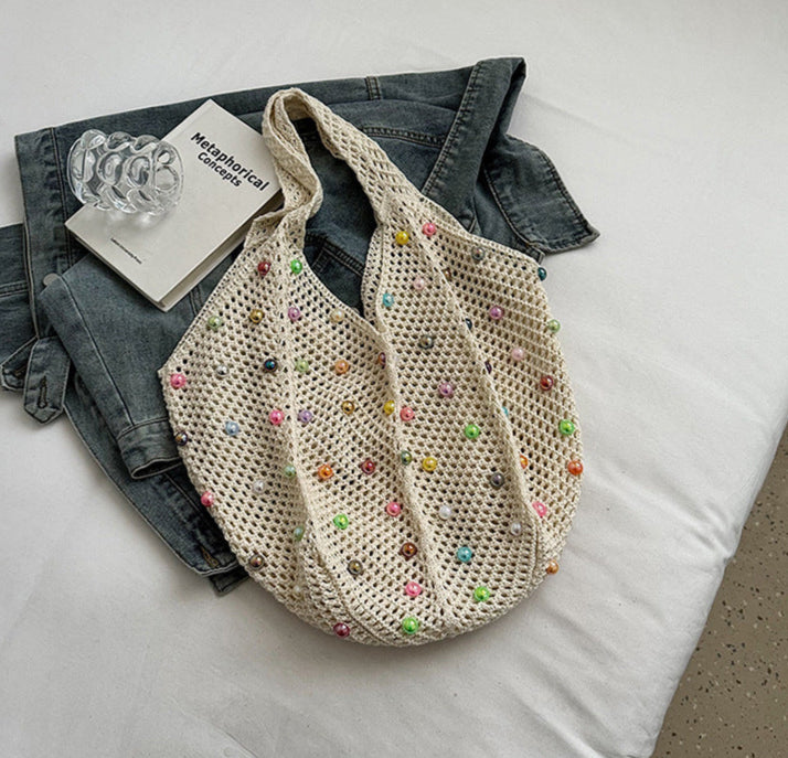 Handwoven Colorful Beaded Hollow-Out Large-Capacity Tote Bag