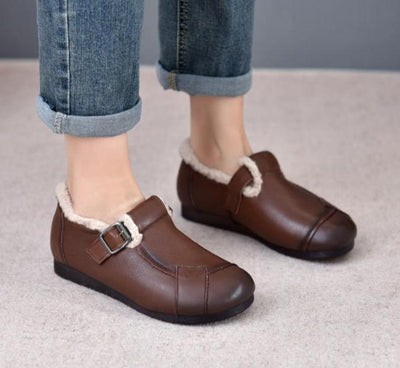 Women Buckle Fleece Lining Genuine Leather Flats