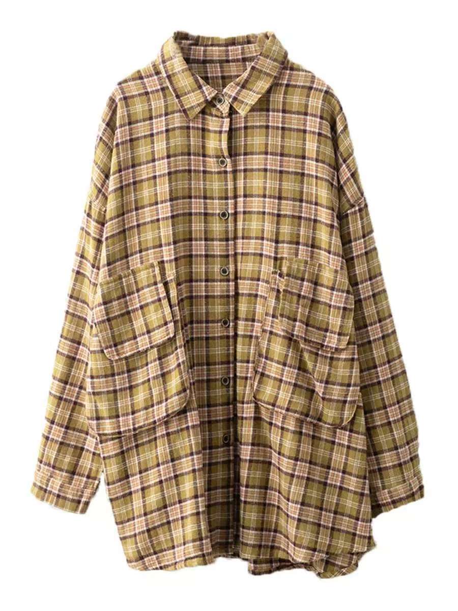 Women Loose Retro Plaid Brushed Cotton Shirts