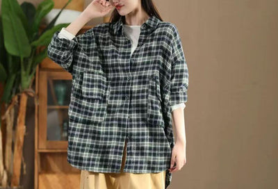 Women Loose Retro Plaid Brushed Cotton Shirts