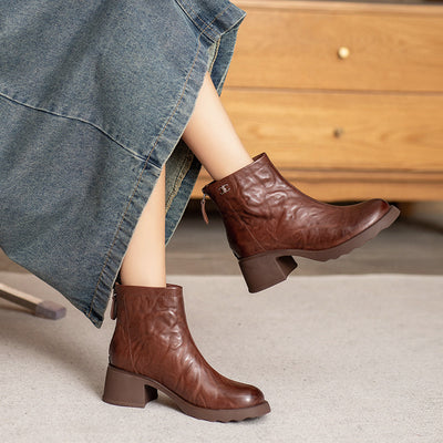 Women Retro Chunky Heel Wrinkled Leather Ankle Boots