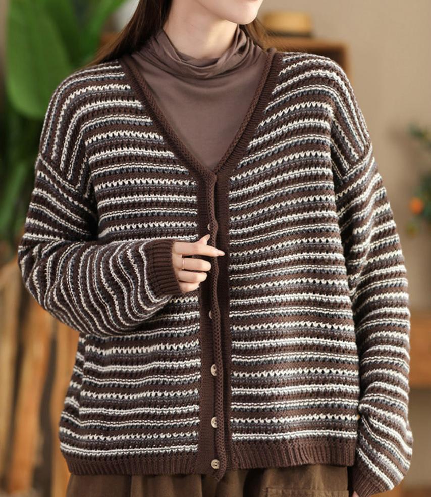 Women Autumn Button- Up Jacquard Striped Knitted Cardigans