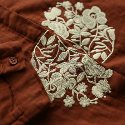 Women Spring Vintage Embroidered Loose Fit Cotton Shirt with Buttons