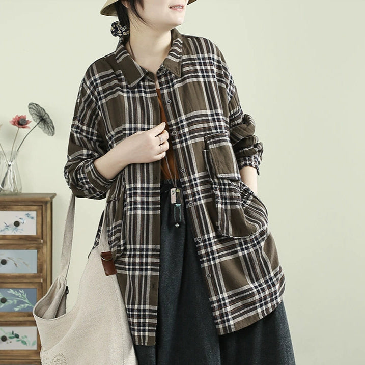 Women Spring Retro Plaid Cotton Blouse with Pockets