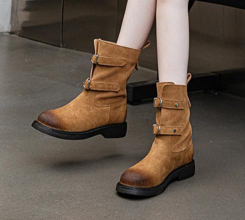 Women Buckle Vintage Suede Martin Boots