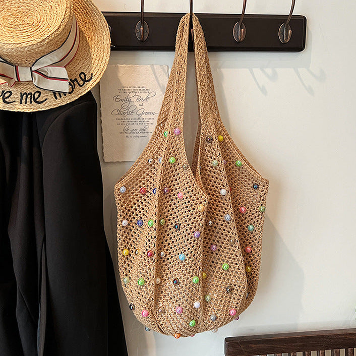 Handwoven Colorful Beaded Hollow-Out Large-Capacity Tote Bag