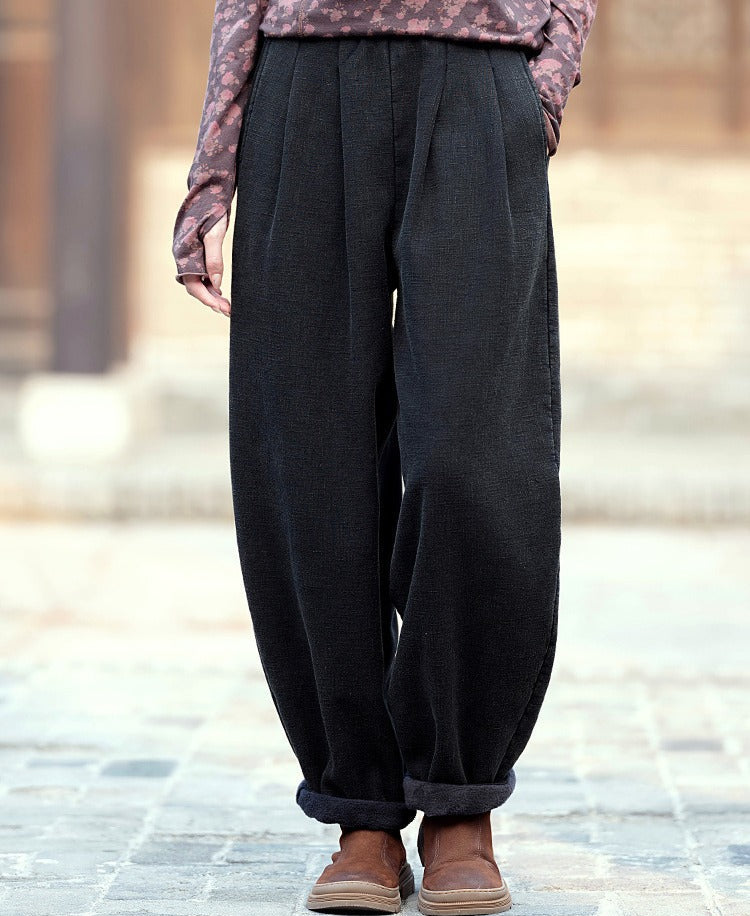 Women Casual Distressed Thickened Warm Cotton Ramie Pants