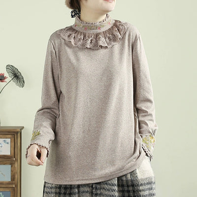 Women Spring Lace Embroidered High-Neck Cotton T-Shirt