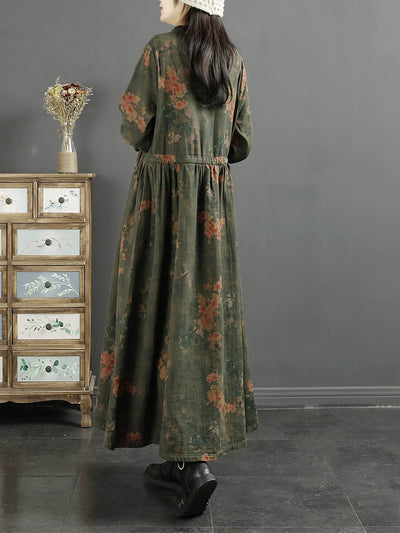 Women Autumn Vintage Buttoned Cotton Linen Printed Long Dress with Waist Tie