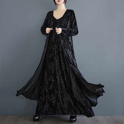 Women Elegant Vintage Jacquard Velvet Mid- Length Coat