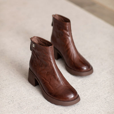 Women Retro Chunky Heel Wrinkled Leather Ankle Boots