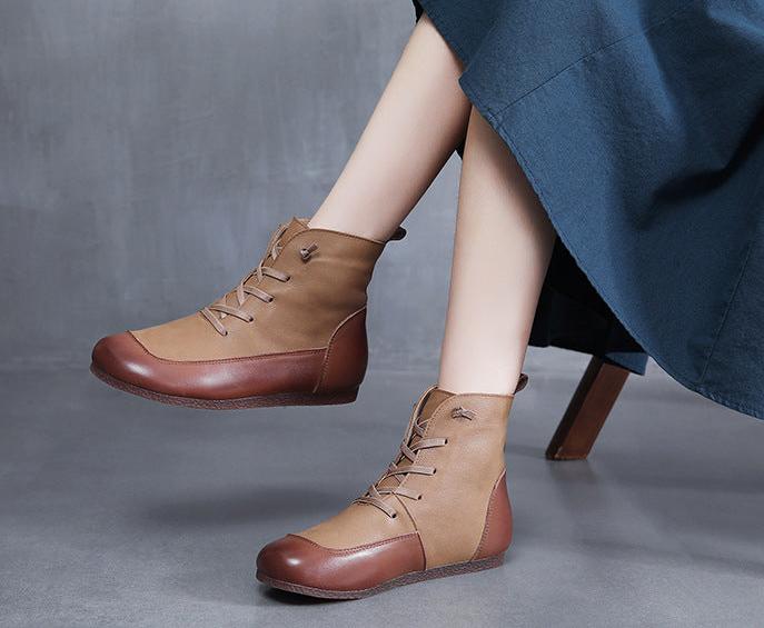 Women Autumn Winter Retro Color Block Lace Up Boots