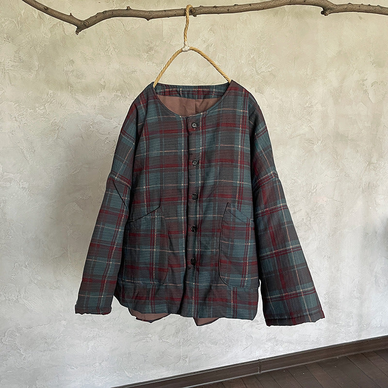 Women Retro Plaid Thickened Padded Short Cotton Jacket