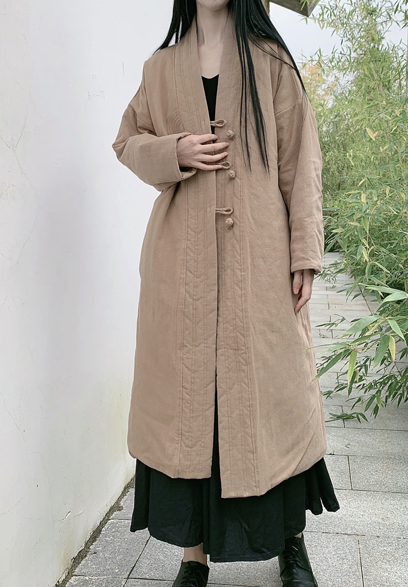 Women Elegant Solid Color Mid-Length Padded Linen Coat