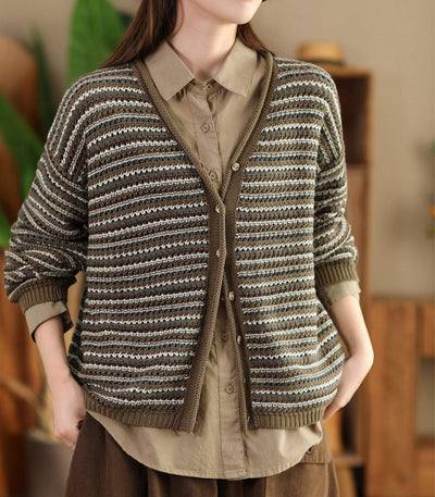 Women Autumn Button- Up Jacquard Striped Knitted Cardigans