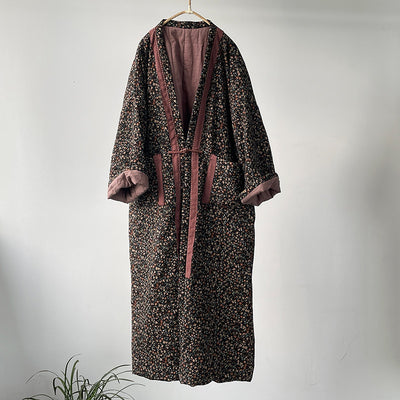 Women Retro Loose Floral Printed Mid-Length Cotton Linen Coat