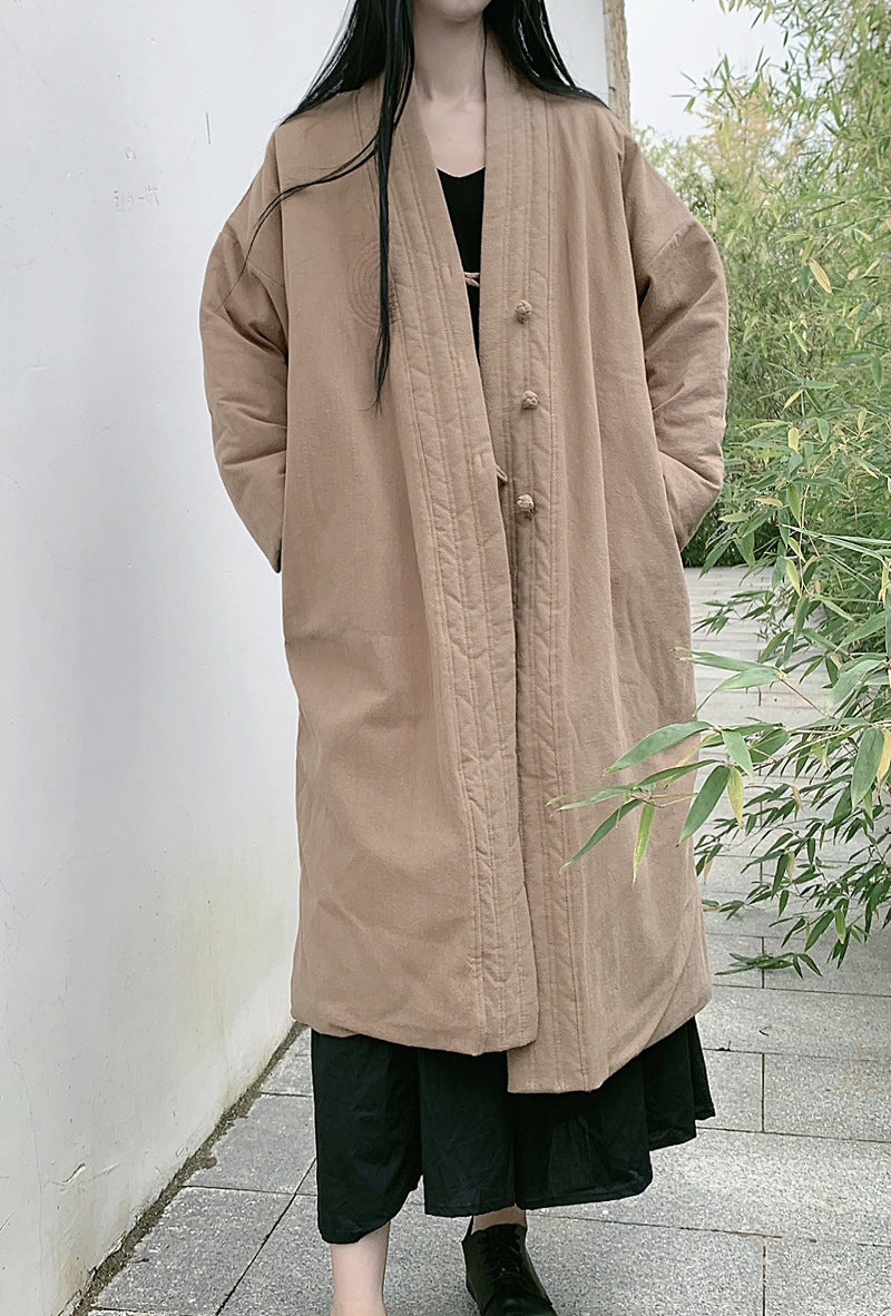 Women Elegant Solid Color Mid-Length Padded Linen Coat