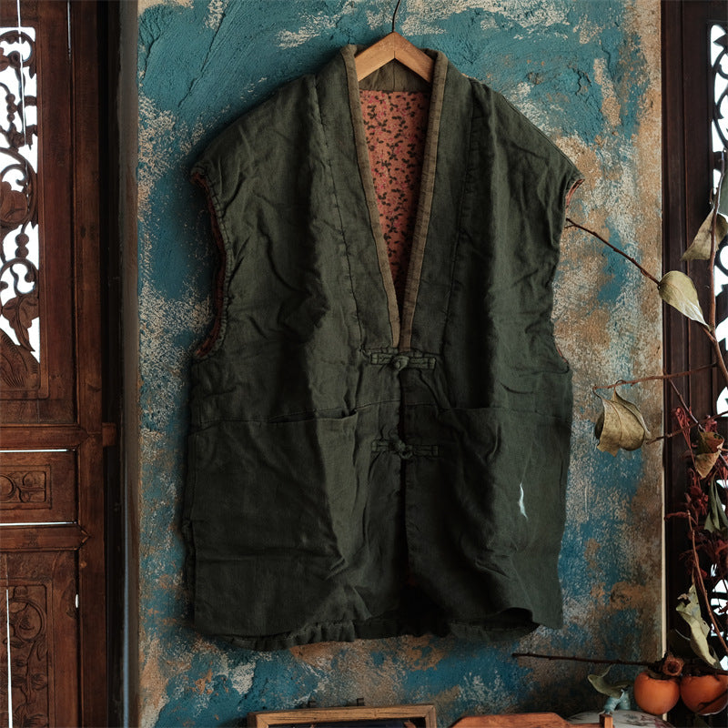 Women Green Distressed Color Block Padded Linen Vest