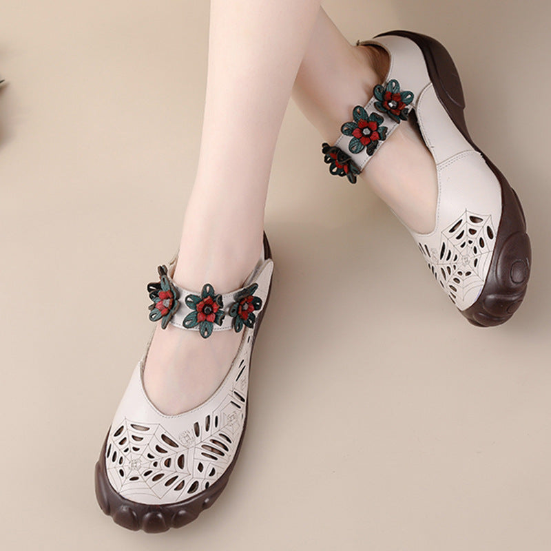 Women Flowers Hollow-Out Soft Sole Cowhide Sandals