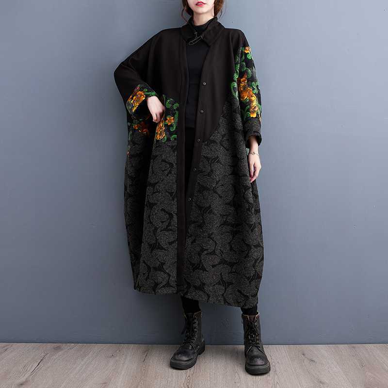 Women Black Trendy Retro Printed Mid-Length Coat