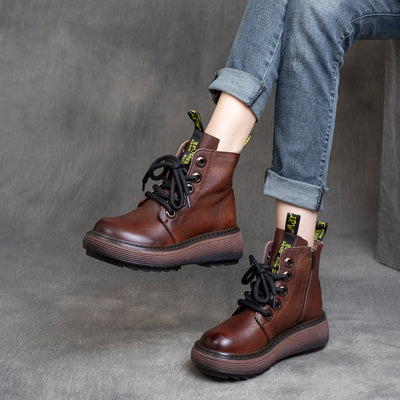 Women Retro Platform Lace- Up Zipper Leather Short Boots