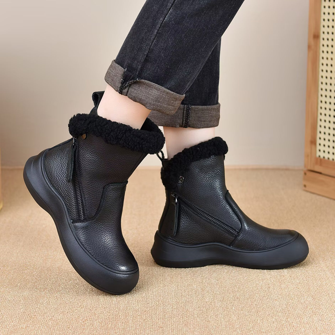 Women Trendy Zipper Shearling Lining Warm Leather Boots