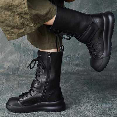 Fashion Ladies Retro Handmade Leather Lace-Up Mid-Calf Boots