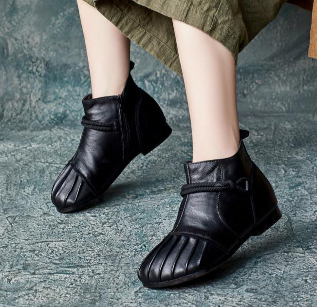 Babakud Women Retro Pleated Handmade Leather Booties