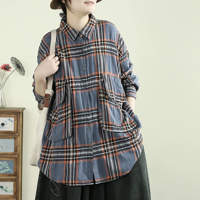 Women Spring Retro Plaid Cotton Blouse with Pockets