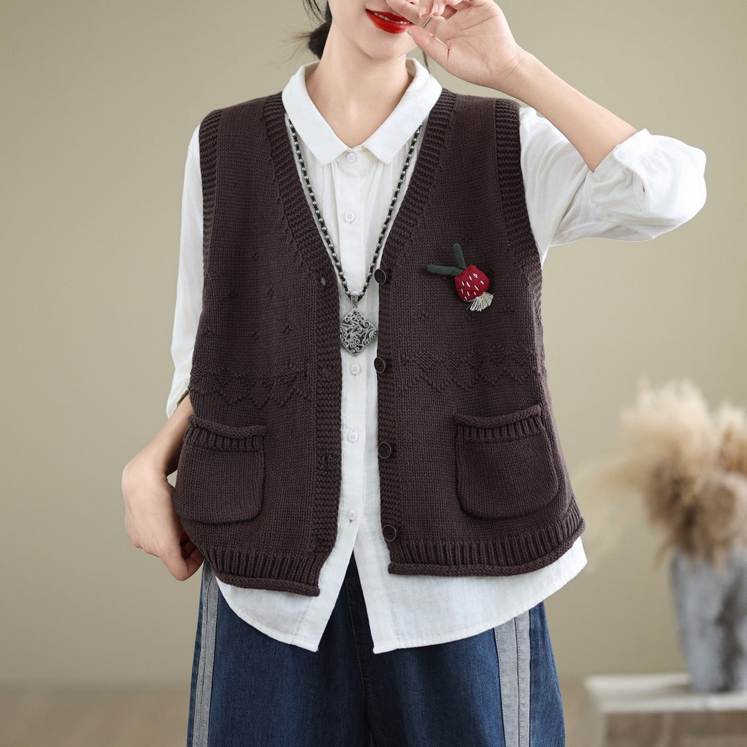 Autumn V-neck Pockets Cotton Knitted Vests