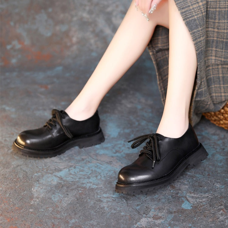 Women Retro Lace-Up Round Toe Genuine Leather Casual Shoes