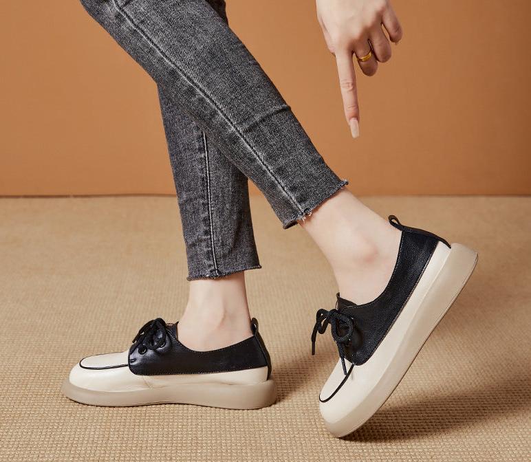 Women Color Block Platform Casual Leather Shoes