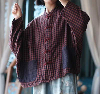 Women Casual Pockets Patchwork Plaid Cotton Shirt