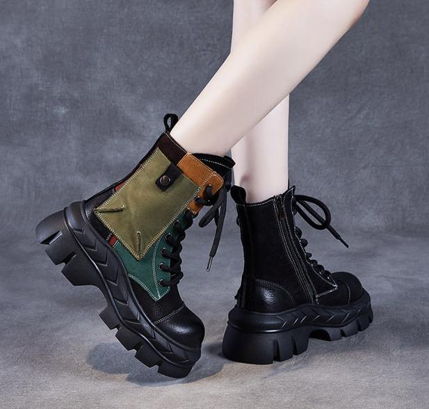 Women Ethnic Style Color Block Retro Leather Boots