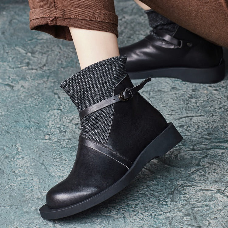 Women Retro Zipper Patchwork Leather Short Biker Boots