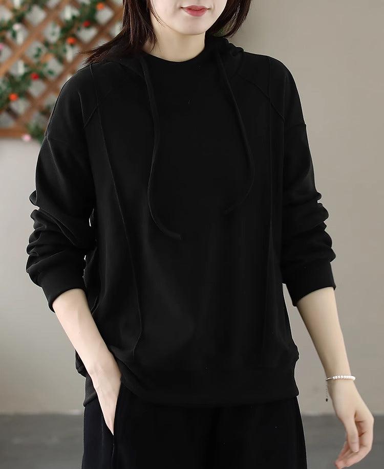 Women Solid Color Hooded Pullover Loose Sweatshirt