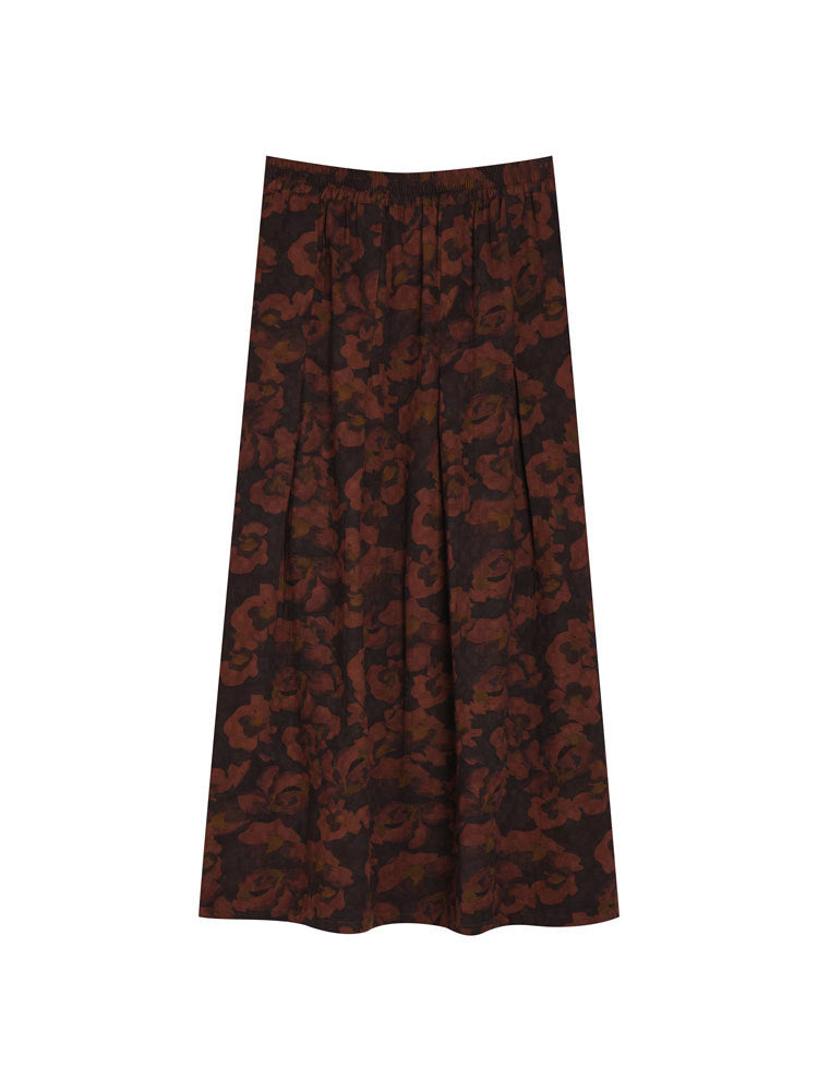 Vintage Elastic Waist Printed A- Line Midi Skirts