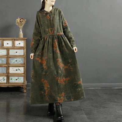 Women Autumn Vintage Buttoned Cotton Linen Printed Long Dress with Waist Tie