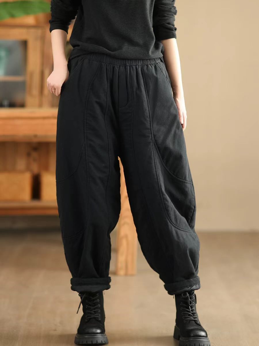 Spliced Warm Thick Loose Padded Trousers for Women