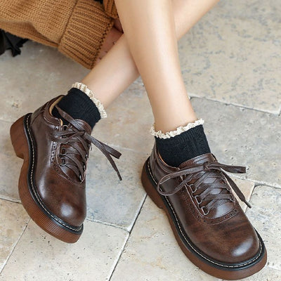 Women Retro Lace- Up Genuine Leather Casual Shoes