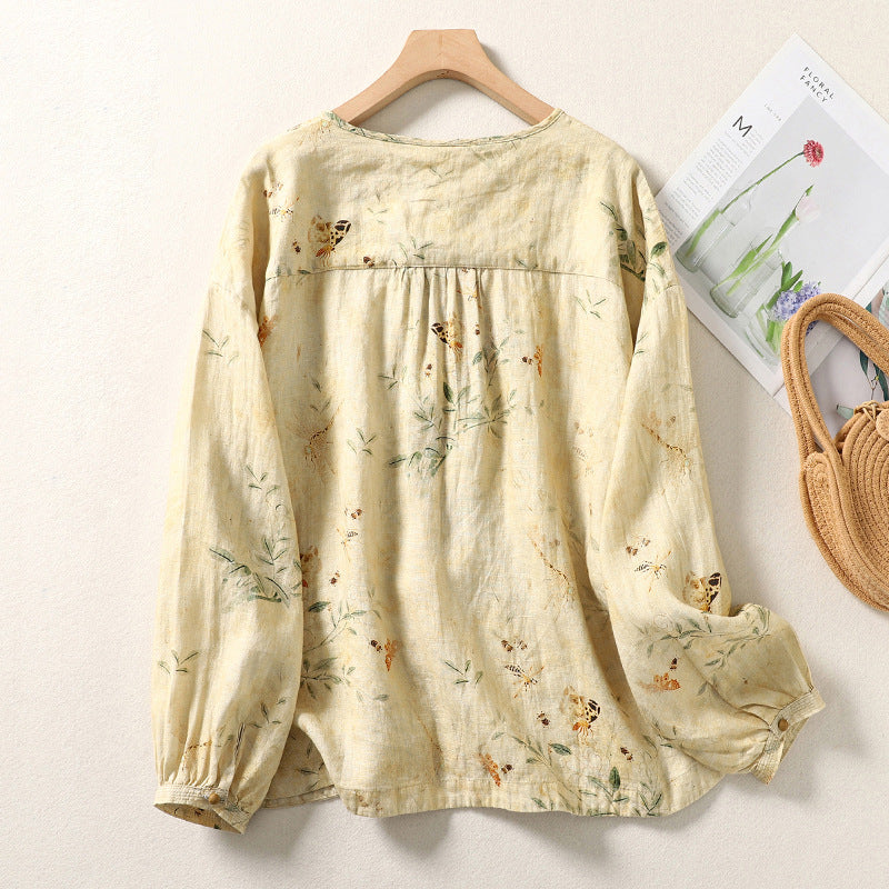 Women Floral Printed Retro Apricot Cotton Linen Shirts