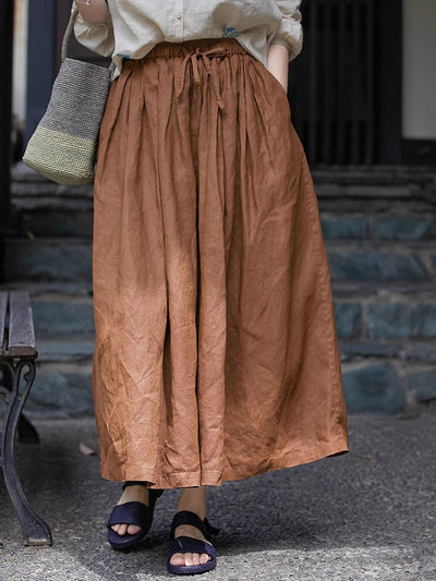 Casual Elastic Waist Brown Linen Midi Skirts