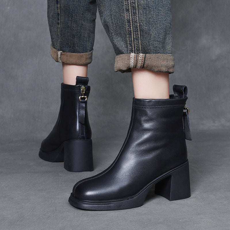 Women Zipper Chunky Heel Fleece Lining Ankle Boots