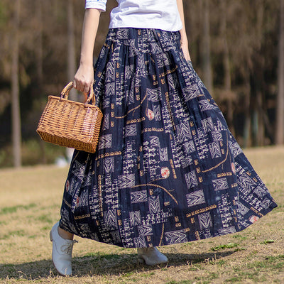 Vintage Ethnic Style Printed Ruffled Linen Midi Skirts